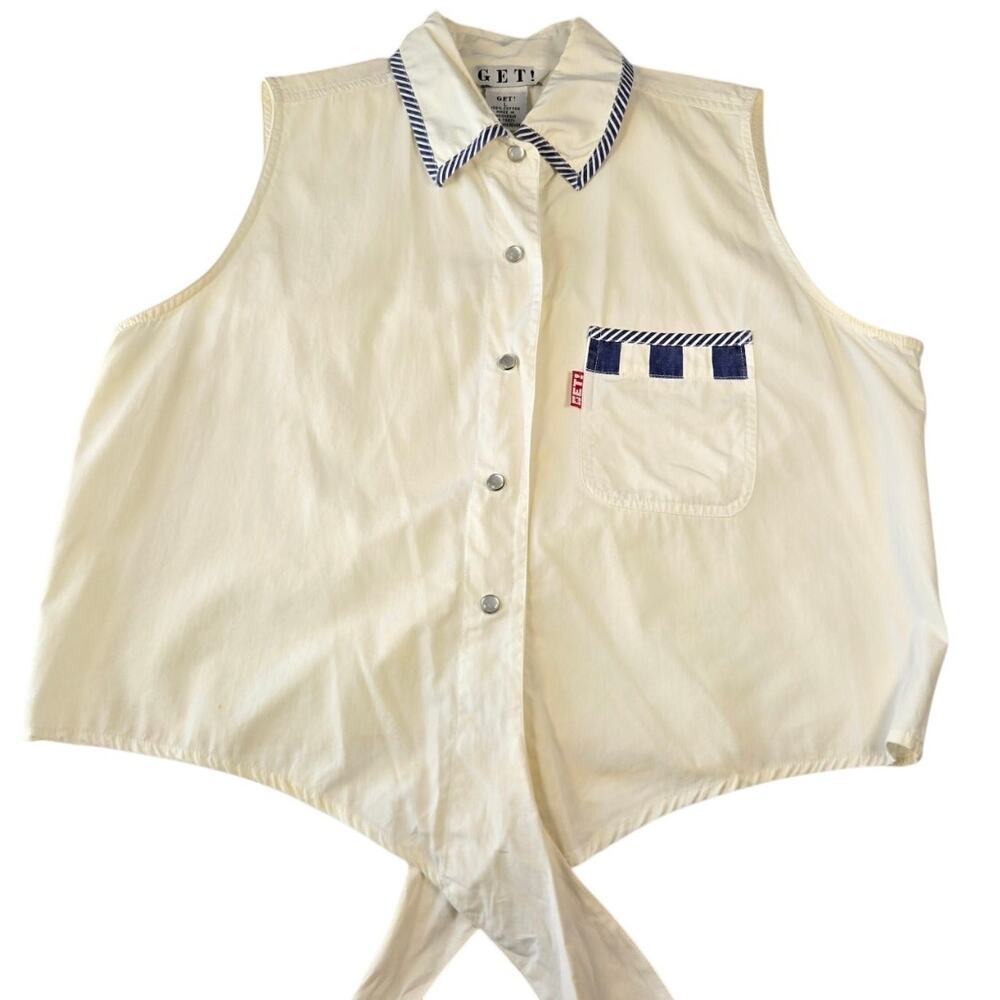 Vintage 90s YET! Cream Nautical Top Sailor Collar Contrast Trim Button Up Large